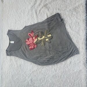 C.KEER floral embroidered tank L Anthropologie olive green top asymmetric tunic